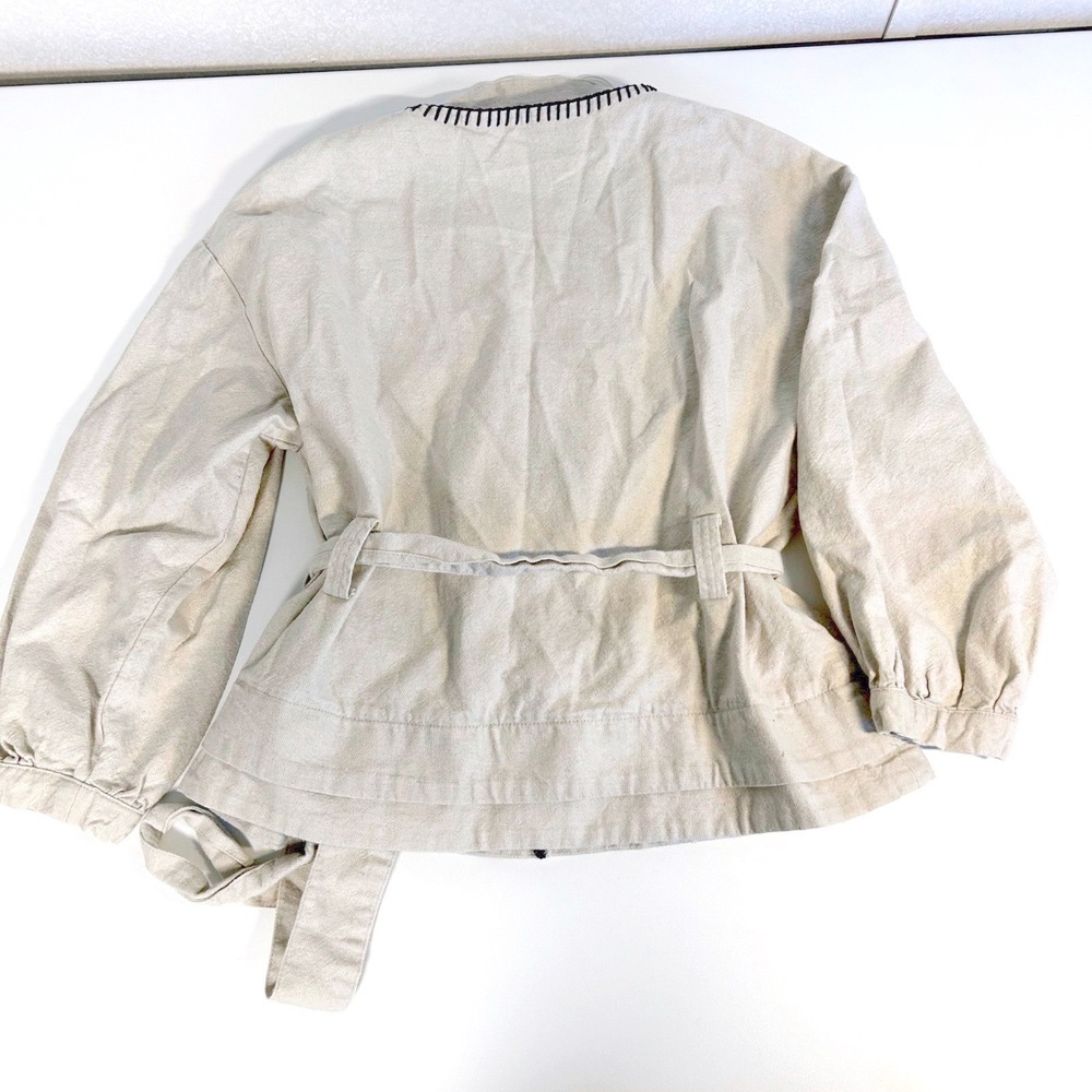 ZARA Med Kimono Jacket Cream Balloon Sleeve Belted Button lagenlook cotton linen - Picture 7 of 10
